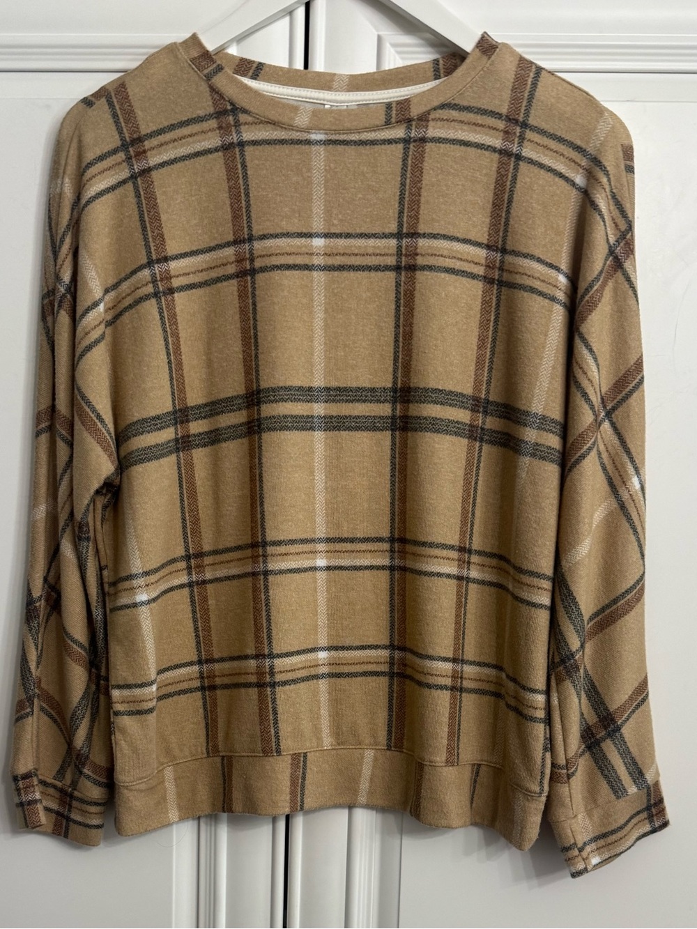 Lavon Tan Plaid Crewneck Long Sleeve Relaxed Lightweight Pullover Top Size Large